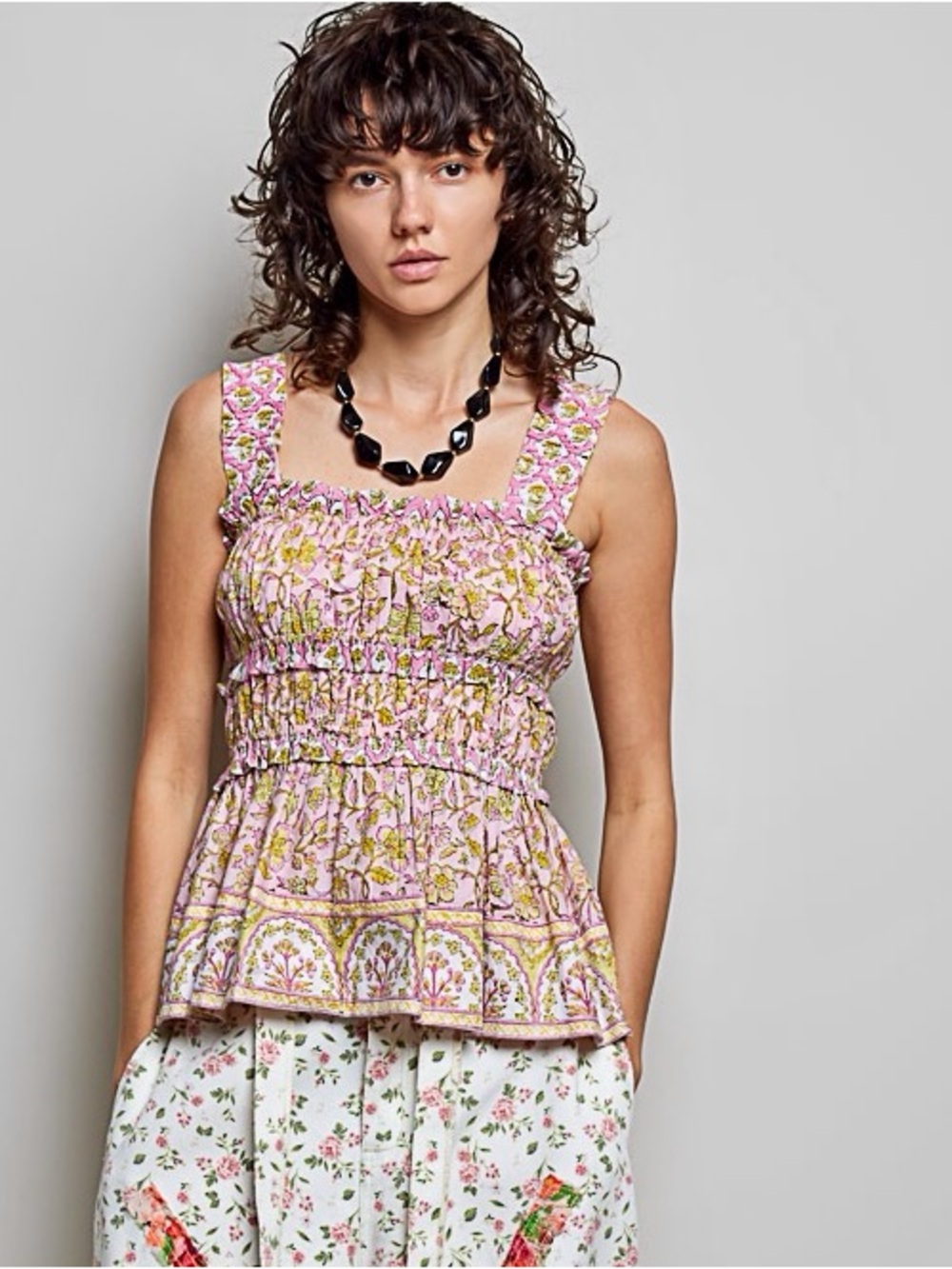 💖Hello Gorgeous! POL Smocked Printed Square Neck Peplum Tank w/Ruffle Trim - Picture 6 of 12